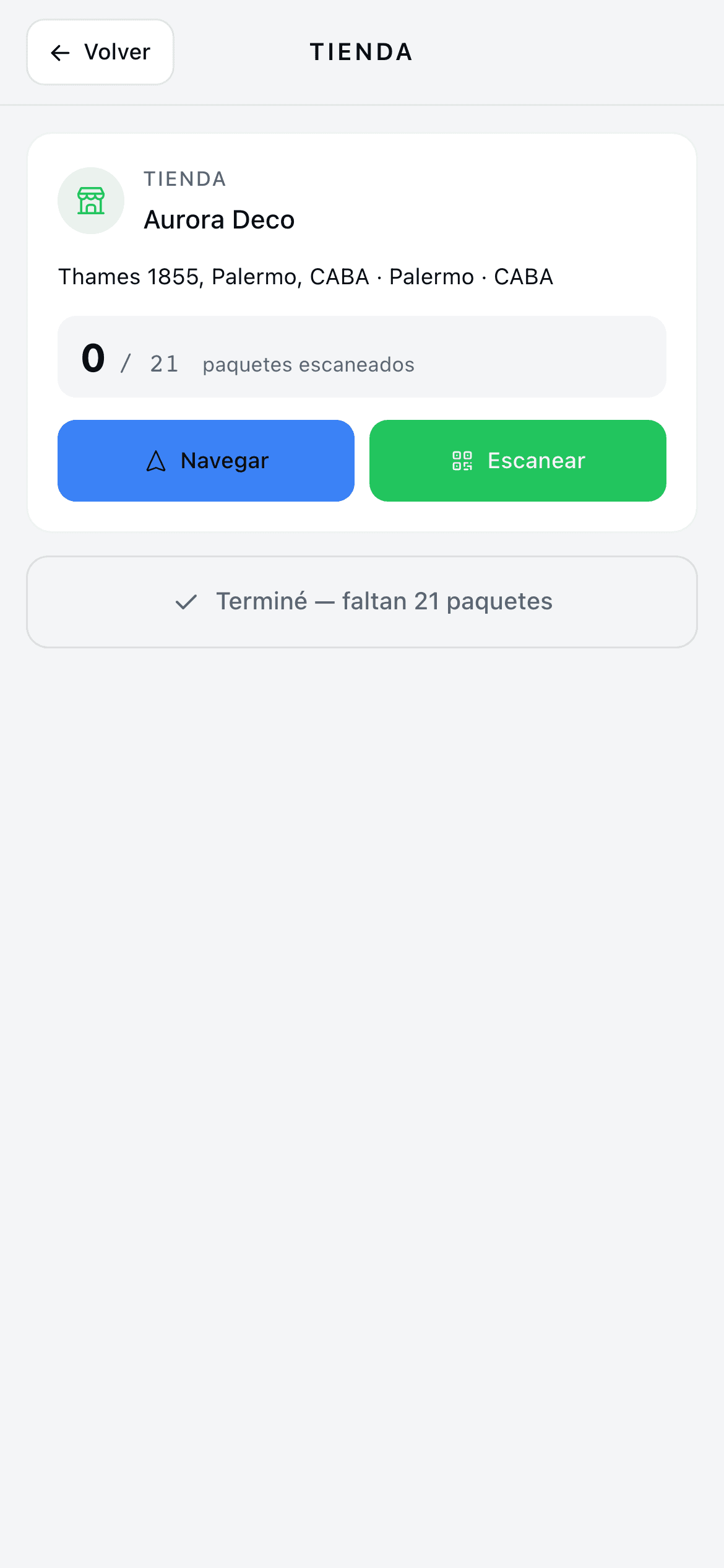 App del cadete: punto de colecta con el contador de paquetes escaneados