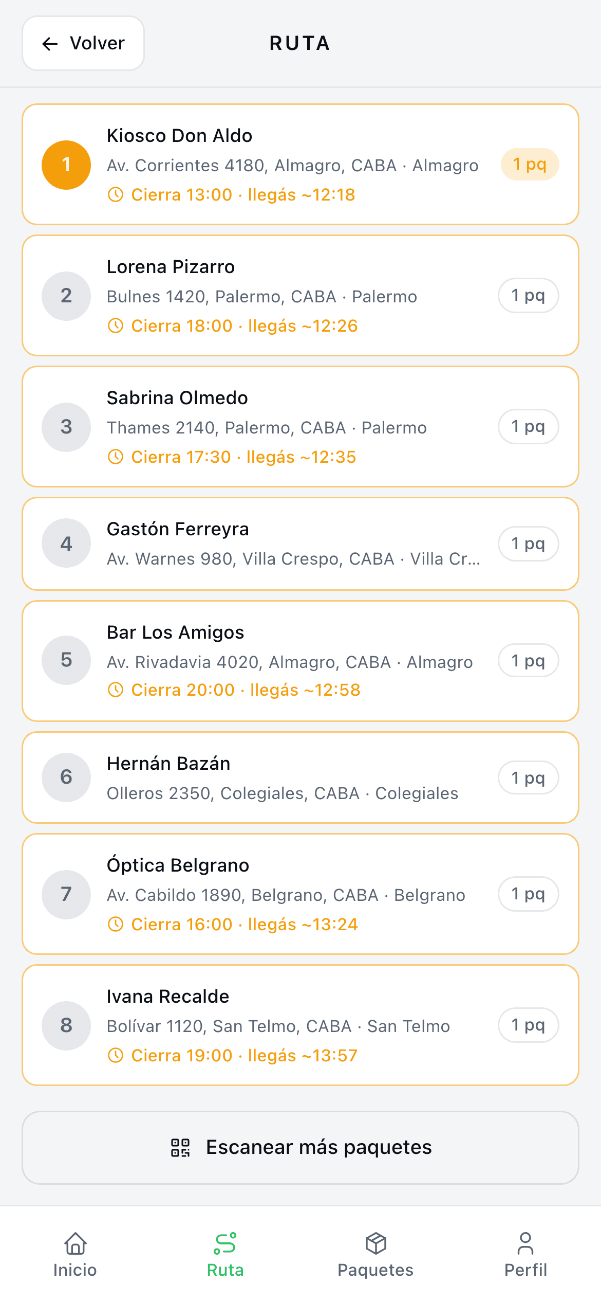 App del cadete: ruta de reparto con la hora de cierre y la hora estimada de llegada por parada