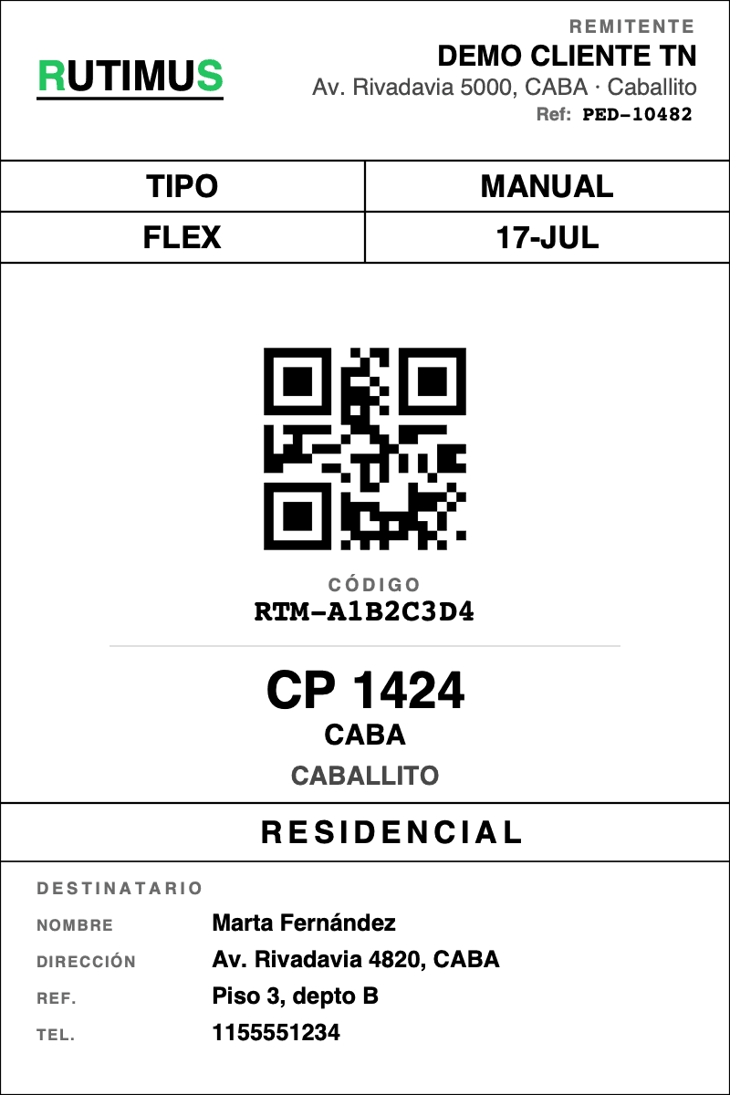 Etiqueta 10×15 de un envío normal: QR, código, código postal, barrio y destinatario, con el espacio de la banda vacío