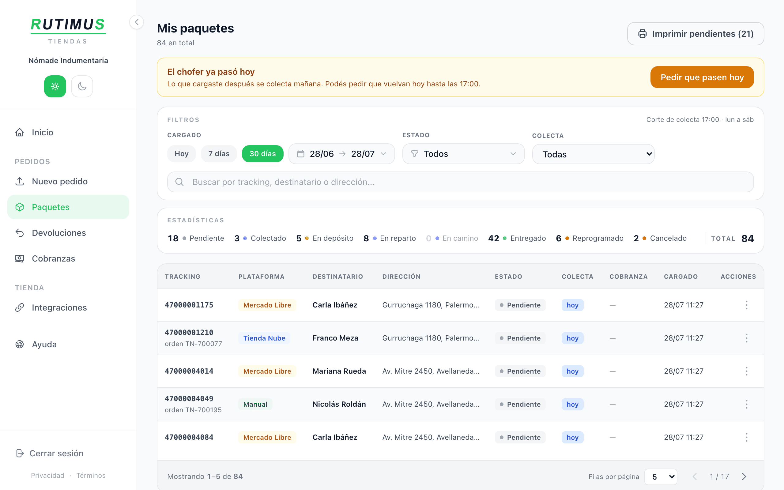 Portal de tiendas: lista de paquetes con su estado y la fecha de colecta