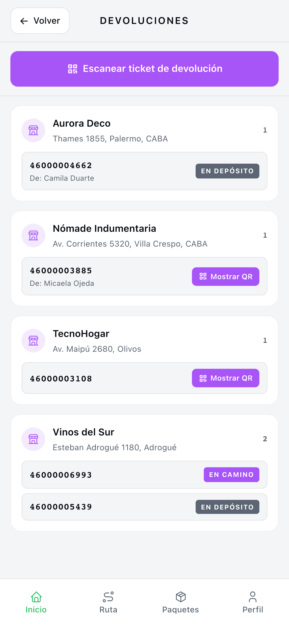 App del cadete: las devoluciones que tiene encima, con el QR que hace de etiqueta
