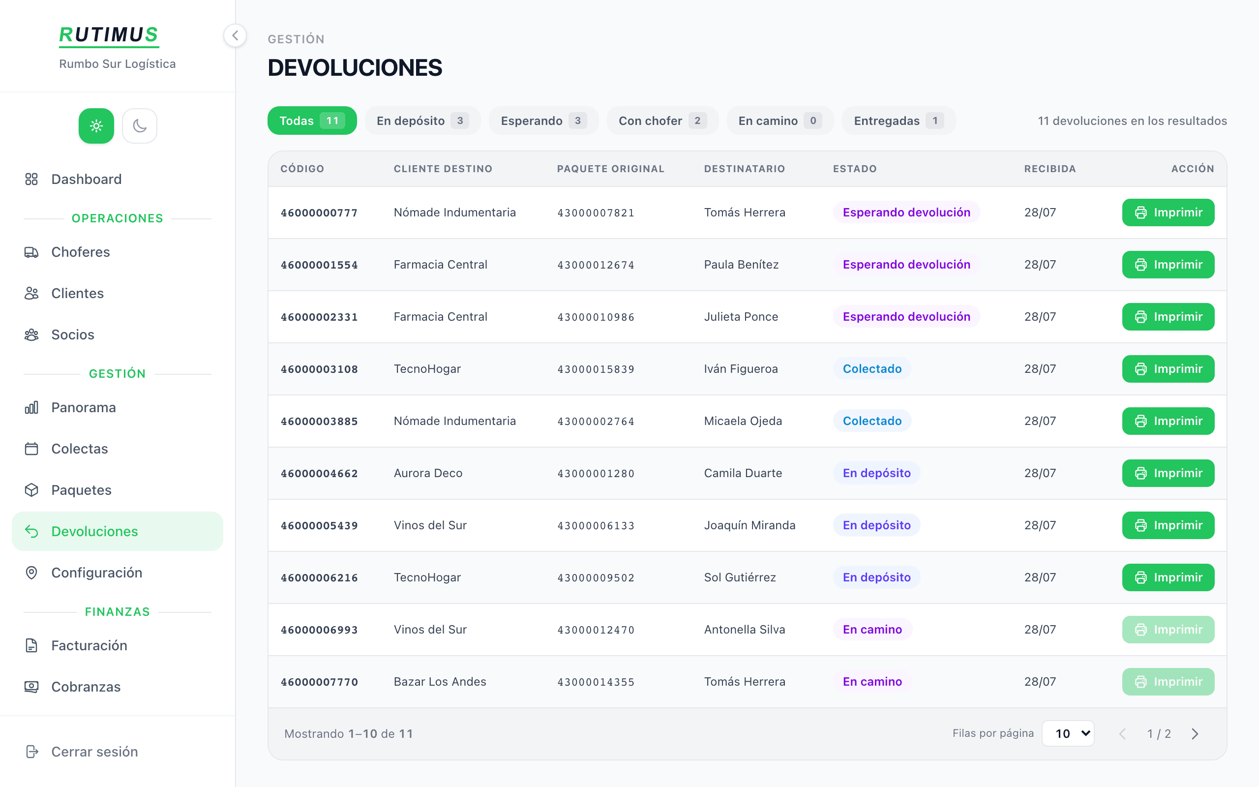 Panel de devoluciones: cada devolución con su código, el paquete original que la generó y su estado